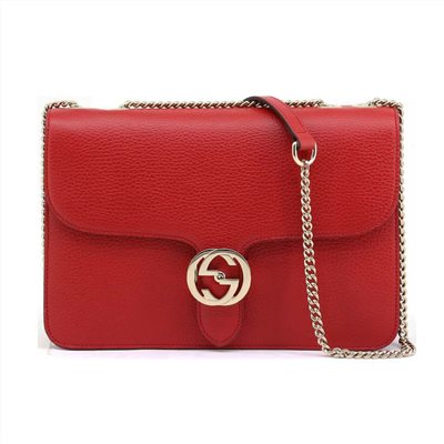 【GUCCI 古馳】510303 經典Interlocking系列雙G LOGO全皮革淡金鍊肩背/斜背包(紅色)