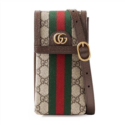 【  GUCCI 古馳  】746307 經典Ophidia系列雙色織帶復古LOGO迷你手機包斜背包(棕色)