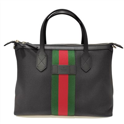 【GUCCI 】630923 經典帆布織帶皮革飾邊中性款手提肩背/斜背包(黑色)