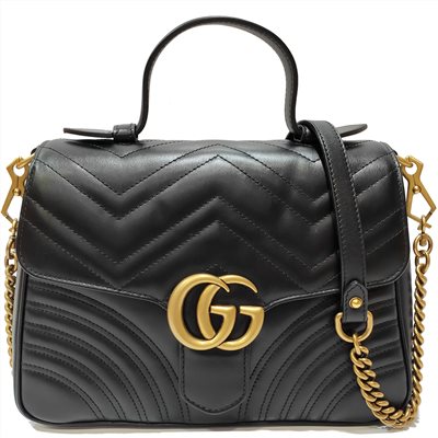 【GUCCI 】498110 Marmont 仿舊金色 LOGO牛皮暗釦手提/斜背包(黑色)
