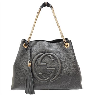 【GUCCI 】536196 SOHO雙G LOGO 流蘇雙鍊手提/肩背包(黑色)