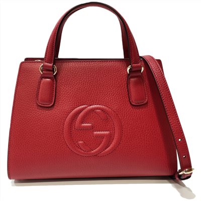 【GUCCI 】607722 經典大雙G LOGO牛皮手提兩用包(紅色)