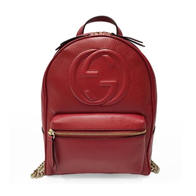 【GUCCI 】536192 SOHO經典GG LOGO牛皮金鍊後背包(紅色)