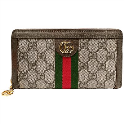 【GUCCI 】523154 經典Ophidia GG 印花雙色織帶皮革飾邊拉鍊長夾(棕色)
