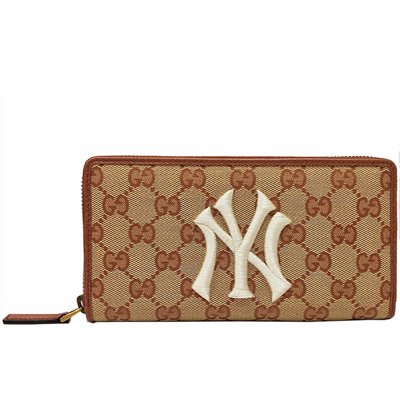 【GUCCI 】547791 NY Yankees大聯盟聯名款拉鍊長夾典LOGO圖案拉鍊長夾(奶油色)