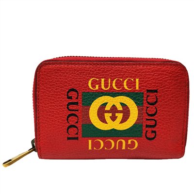 【GUCCI 】496319 復古風格綠紅綠標誌小牛皮拉鍊卡夾/零錢包(紅色)