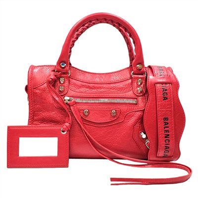 【Balenciaga 】300295 Mini City亮銀釦羊皮機車包(紅色)