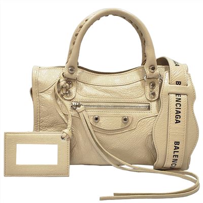 【Balenciaga 】300295 Mini City亮銀釦羊皮機車包(米色)