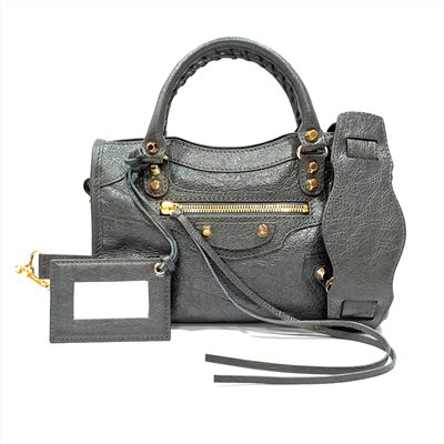 【Balenciaga 】300295 Mini City亮銀釦羊皮機車包(深灰金扣)