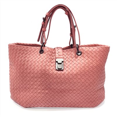 【BOTTEGA VENETA 】297983 經典編織羊皮壓扣羅馬手提包(玫瑰粉)