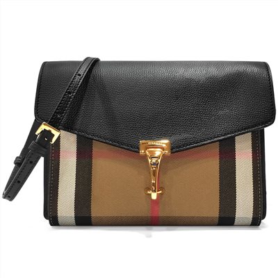 【BURBERRY 】80656901/80803211經典Small Macken系列格紋棉麻拼色肩背/斜背郵差包(黑色)