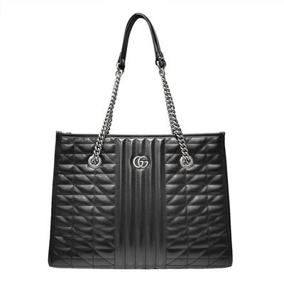 【GUCCI 古馳】675796 經典GG Marmont絎縫系列銀釦手提/肩背托特包(黑色)