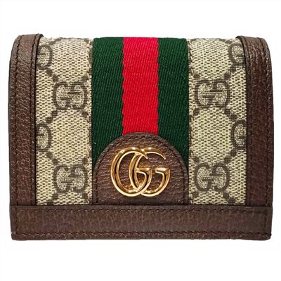 【GUCCI 古馳】523155 經典Ophidia GG印花帆布牛皮飾邊暗釦卡夾/零錢包(棕色)