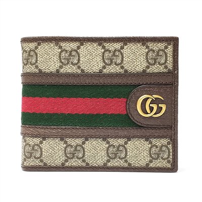 【GUCCI 古馳】597609 經典Ophidia GG印花綠紅綠織帶對開零錢短夾(棕色-4卡)