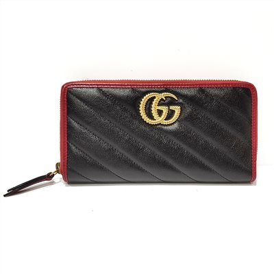 【GUCCI 古馳】573810 經典GG Marmont 絎縫斜紋牛皮撞色拉鏈長夾(黑色)
