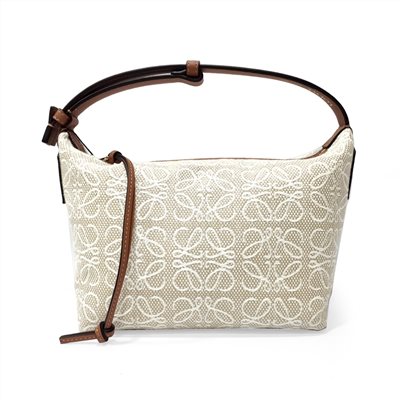 【LOEWE 羅威】A906K75X04 新款Cubi Anagram緹花布面拚接小牛皮手提包(亞麻色)