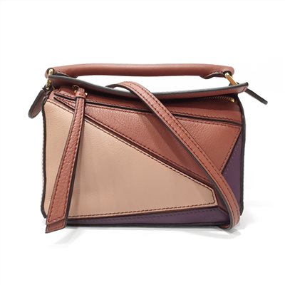 【LOEWE 羅威】A510U95X34 經典小牛皮Puzzle迷你幾何拼接手提/肩背斜背包(深紫x粉)
