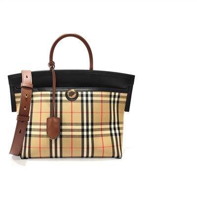 【BURBERRY 巴寶莉】80231241 經典Society Vintage系列格紋拼接皮革手提/斜背肩背兩用包(黑色-小號)