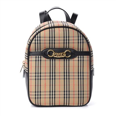 【BURBERRY 巴寶莉】80046531 經典格紋帆布鎖鏈裝飾皮革飾邊雙肩後背包(黑色)