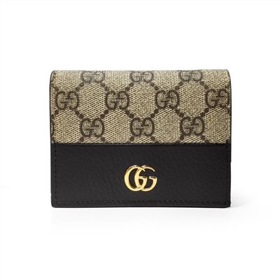 【GUCCI 古馳】658610 經典金屬雙G LOGO牛皮拚帆布暗釦萬用信用卡夾/短夾