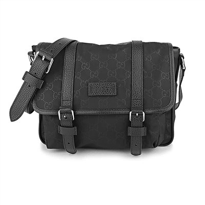 【GUCCI 古馳】510335 經典GG印花LOGO尼龍牛皮飾邊釦式斜背郵差包(黑色)