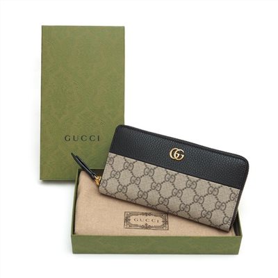【GUCCI 】456117 經典Petite Marmont 皮革拼接帆布拉鍊長夾(黑色)