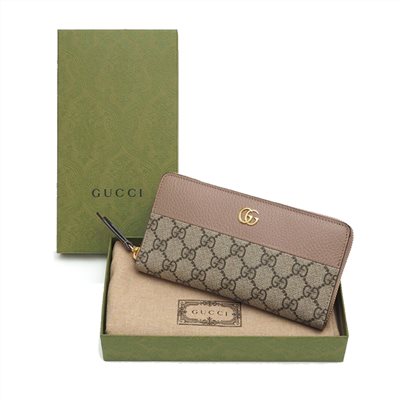 【GUCCI 】456117經典Petite Marmont 皮革拼接帆布拉鍊長夾(粉色)