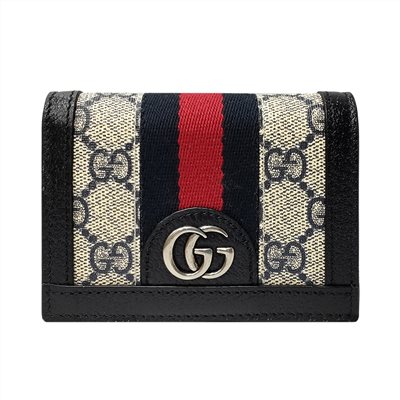 【GUCCI 】523155 經典Ophidia GG印花帆布牛皮飾邊暗釦卡夾/零錢包(藍黑色) 