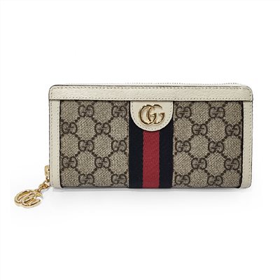   【GUCCI 古馳】523154 經典Ophidia系列GG印花綠紅綠織帶皮革飾邊拉鍊長夾(白色) 