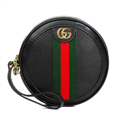   【GUCCI 古馳】574841 經典Ophidia系列皮革雙G LOGO圓餅掛腕手拿包(黑色) 