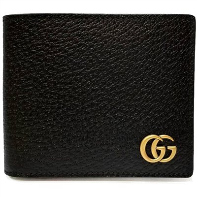 【GUCCI 】428726 經典GG Marmont系列金屬GG LOGO牛皮折疊短夾(黑色) 