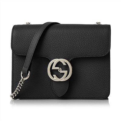 【GUCCI 古馳】510304 經典Interlocking系列雙G LOGO全皮革單鍊肩背/斜背包(黑色) 