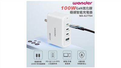 WONDER 旺德電通 100W GaN氮化鎵極速智能充電器 WA-A17TS4 3C+1A