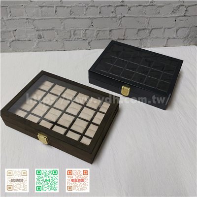 15x21公分24格玻璃蓋戒指收納盒(黑皮/麂皮)