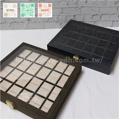 21x24公分24格玻璃蓋戒指收納盒(黑皮/麂皮)