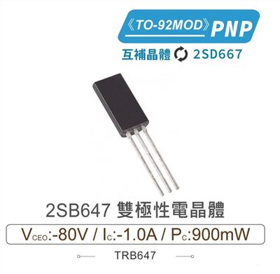 2SB647 PNP 雙極性電晶體 -80V/-1.0A/900mW TO-92MOD