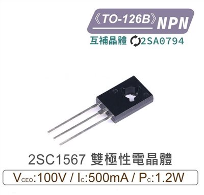 2SC1567 NPN 雙極性 電晶體 -100V/-500mA/1.2W TO-126B互補2SA079