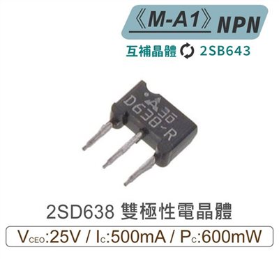 2SD638 NPN 雙極性 電晶體 25V/500mA/600mW M-A1 互補晶體2SB643