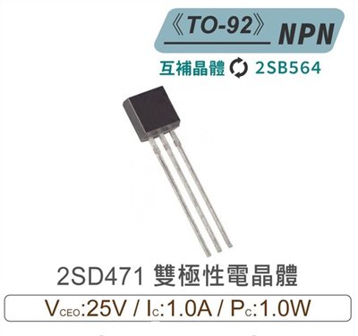 2SD471 NPN 雙極性 電晶體 25V/1A/900mW TO-92 互補晶體2SB564