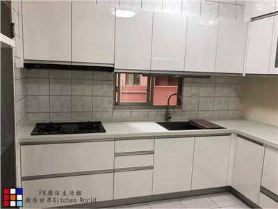 歐化系統廚具 L型流理台 301公分 上下櫥 結晶門板 搭林內牌排油煙機 櫻花牌瓦斯爐