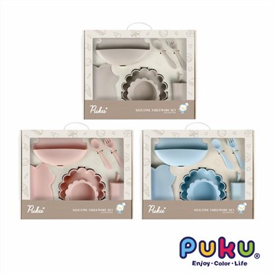 PUKU藍色企鵝 蒔蘿鉑金矽膠餐具禮盒7件組