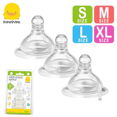 黃色小鴨《PiyoPiyo》媽咪乳感防脹氣寬口徑奶嘴十字型-3入