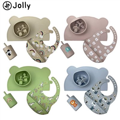 Jolly兒童矽膠餐具 五件組 (吸盤碗+湯匙叉子+吸管杯+圍兜+餐墊)
