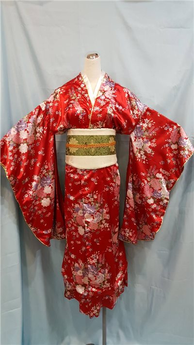 紅色和服/粉紫牡丹