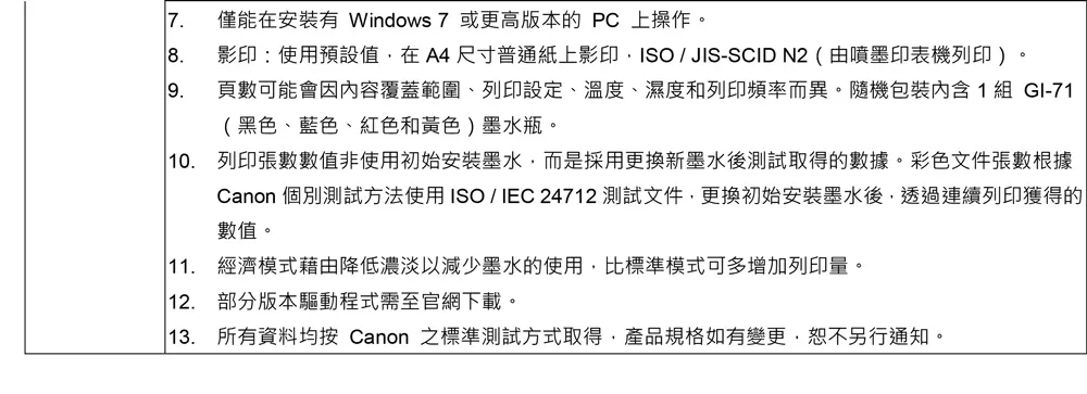 規格表Canon 佳能PIXMA G4780 高速三合一Wi-Fi自動進稿雙面列印相片連續供墨印表機