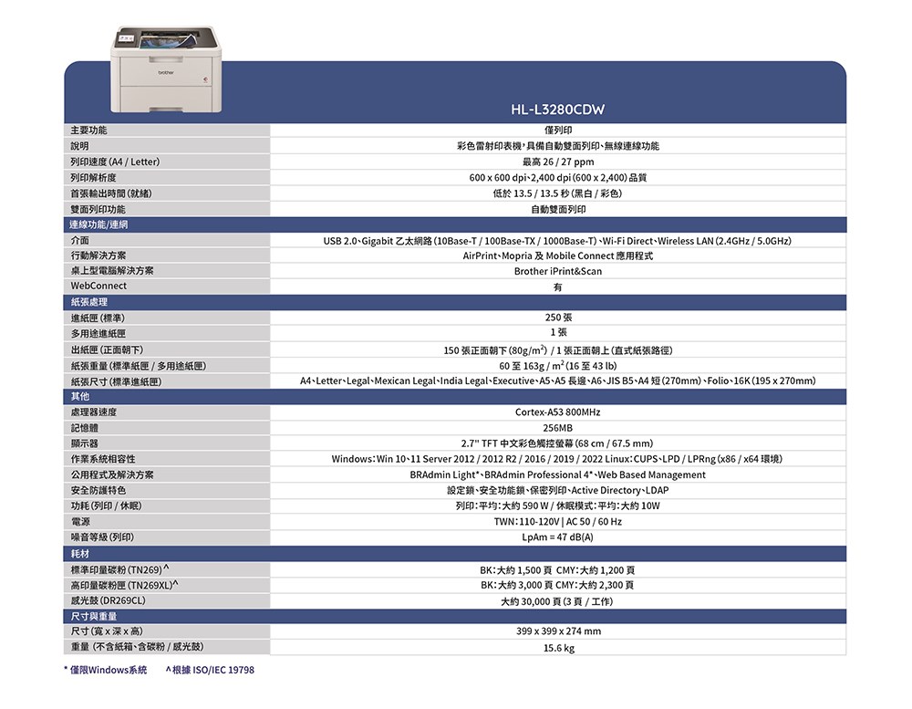 Brother彩色雷射印表機MFC-L3760CDW MFC-L3780CDW HL-L3280CDW規格表海報碳粉TN-269維修中心