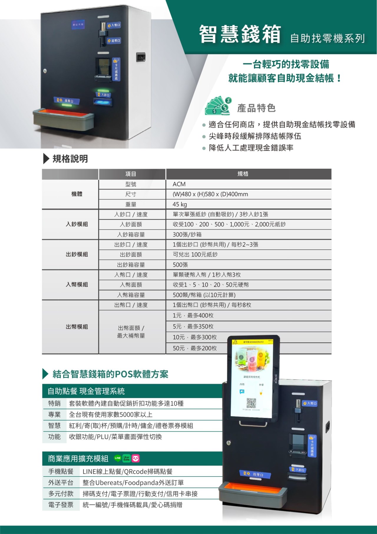 自助點餐機 + 行動支付 + 智能錢箱找零，一次搞定 👇 🔹 顧客自助點餐：減少排隊，提高翻桌率 🔹 支援行動支付（LINE Pay、街口、悠遊卡等）：避免手部現金接觸 🔹 智能錢箱自動找零：若使用現金付款，也無須人員接觸